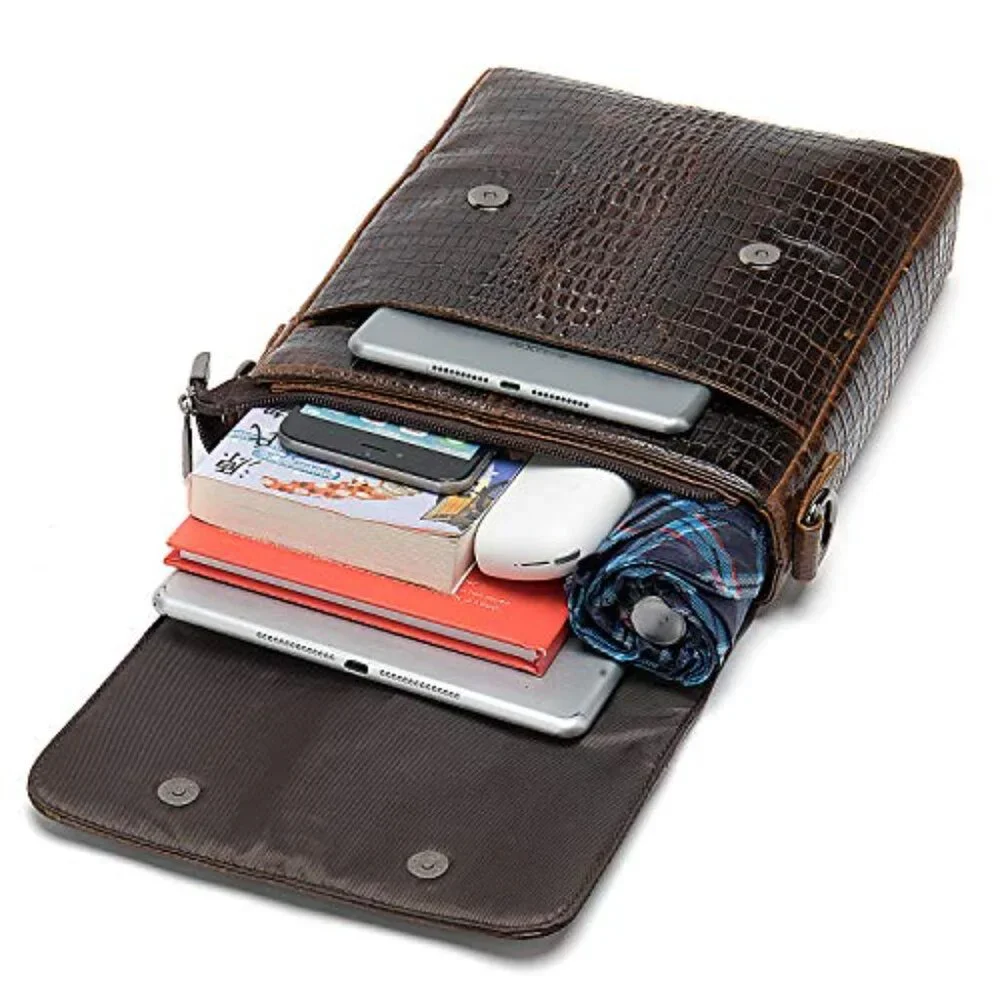 Genuine Leather Messenger Bag Crocodile Embossed Crossbody Daypack Retro